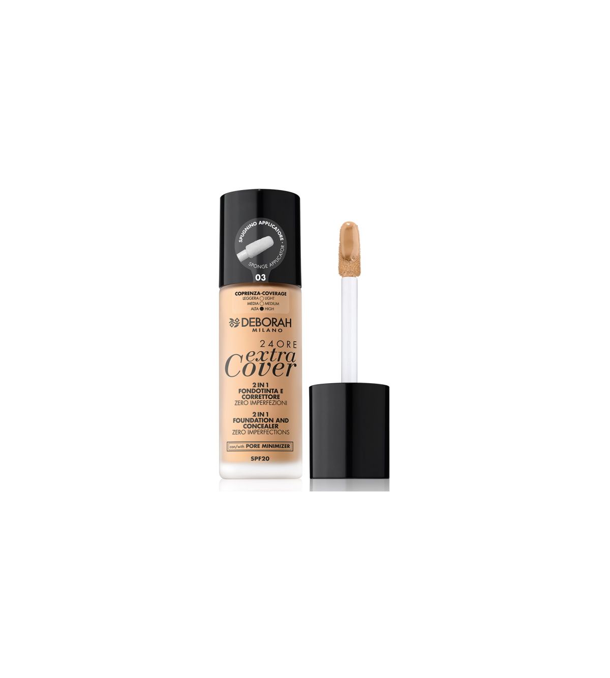 Deborah 24ore Extra Cover Foundation – Fair Rose, SPF20, Hohe Deckkraft Mit Schwamm-Applikator